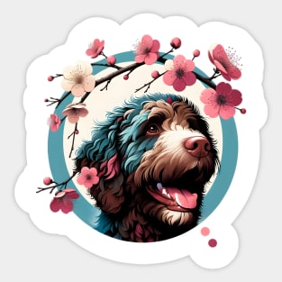 Spanish Water Dog Enjoys Spring's Cherry Blossoms Sticker